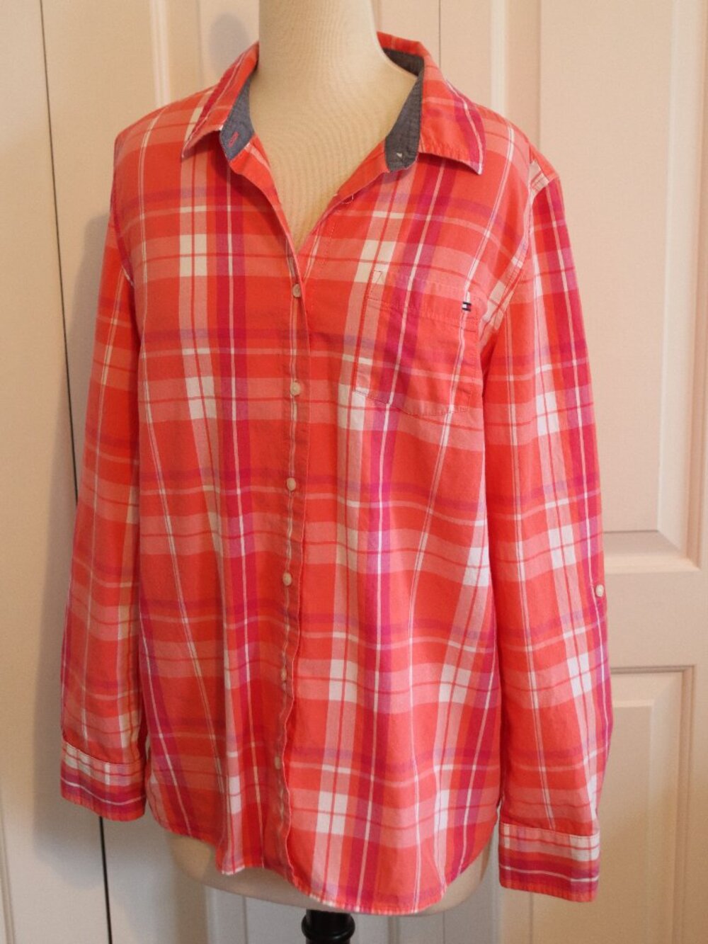 Tommy Hilfiger Roll Tab Sleeve Button Down Orange/Pink/White Plaid Size Large